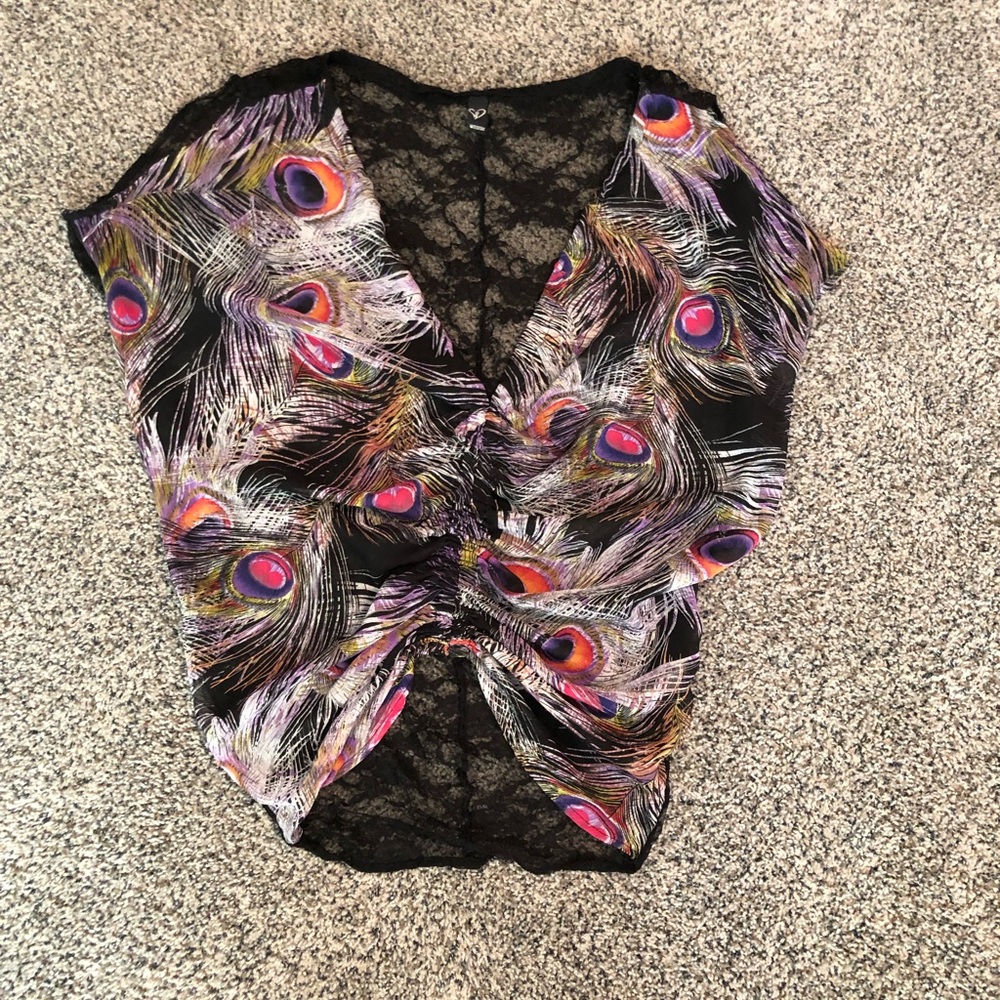 Windsor Peacock Design Scrunched Blouse. Black Lace Back.